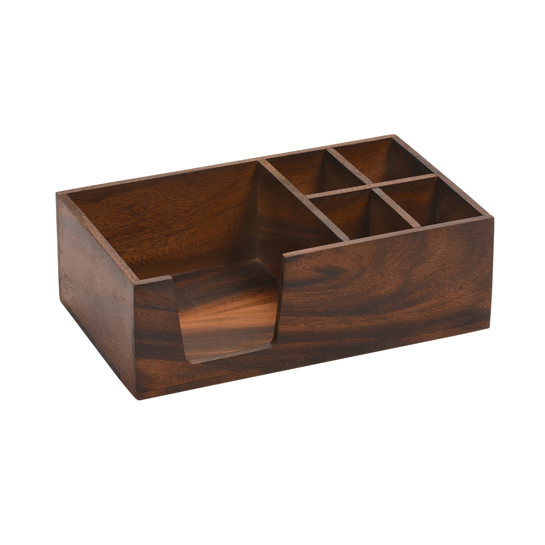 Wooden desk organizer with compartments on a white background