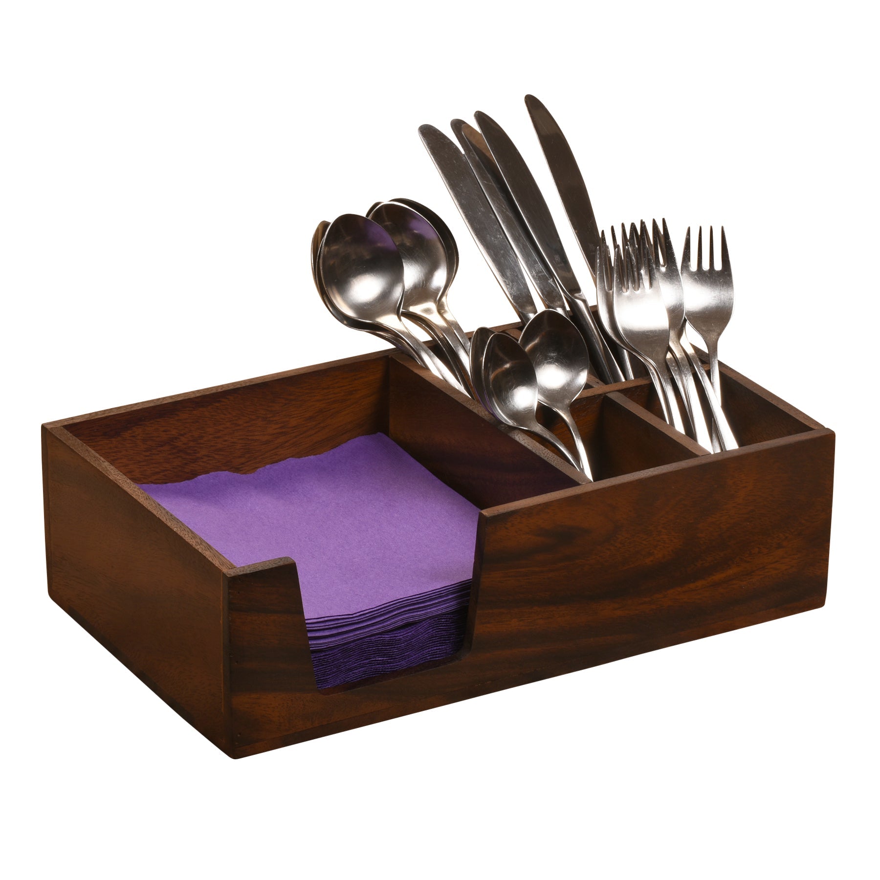 Wooden cutlery holder with silverware and purple napkins on a white background