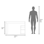 Dimensions of a cabinet with a human figure for scale on a white background
