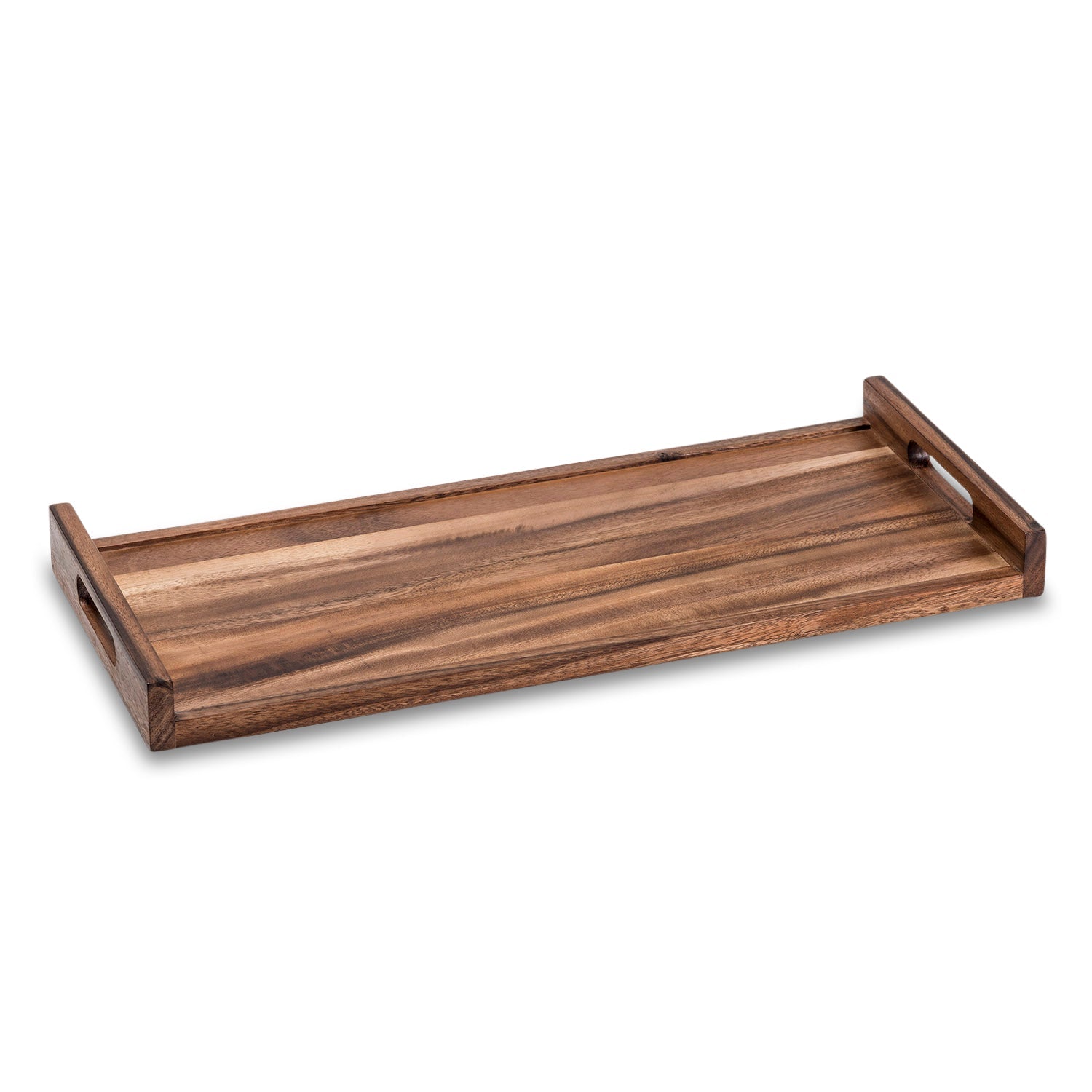 Wooden tray with handles on a white background