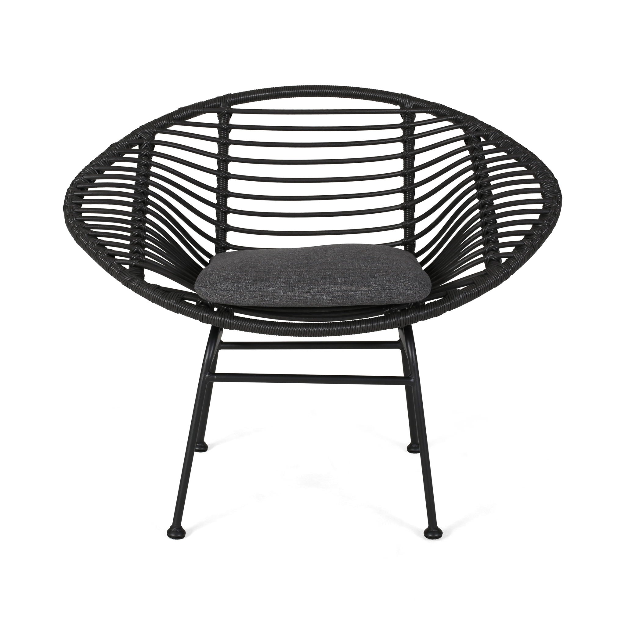 Black woven chair with a cushion on a white background