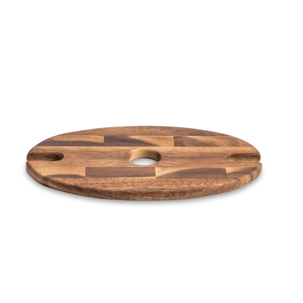 Wooden wine cady board with a round shape and central hole on a white background
