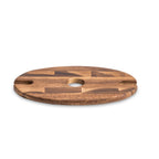 Wooden wine cady board with a round shape and central hole on a white background
