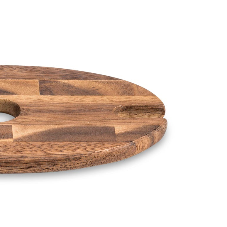 Wooden wine caddy board with a circular shape on a white background