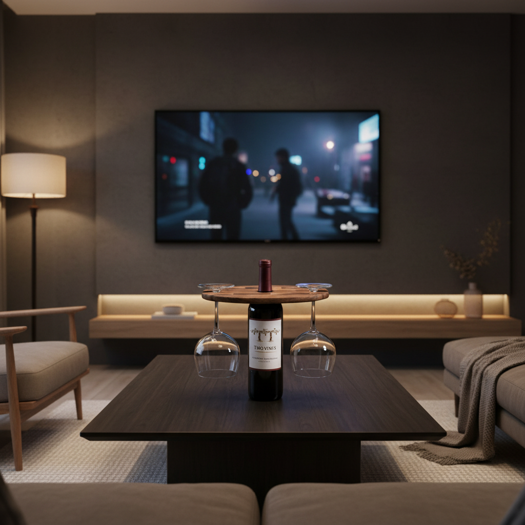 Modern living room with a TV displaying a scene, a wine bottle, and glasses on a coffee table.