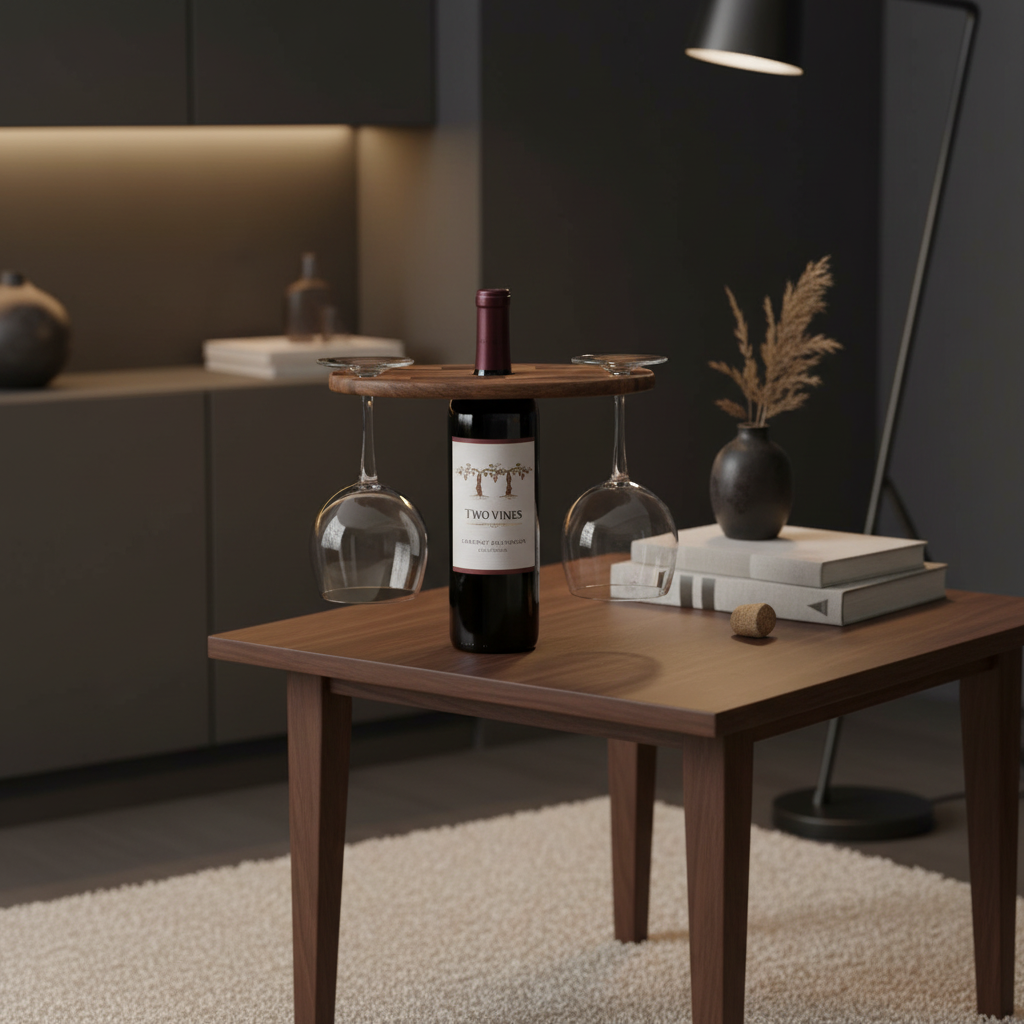 Wine bottle on a wooden table with a wine glass holder in a modern living room setting.