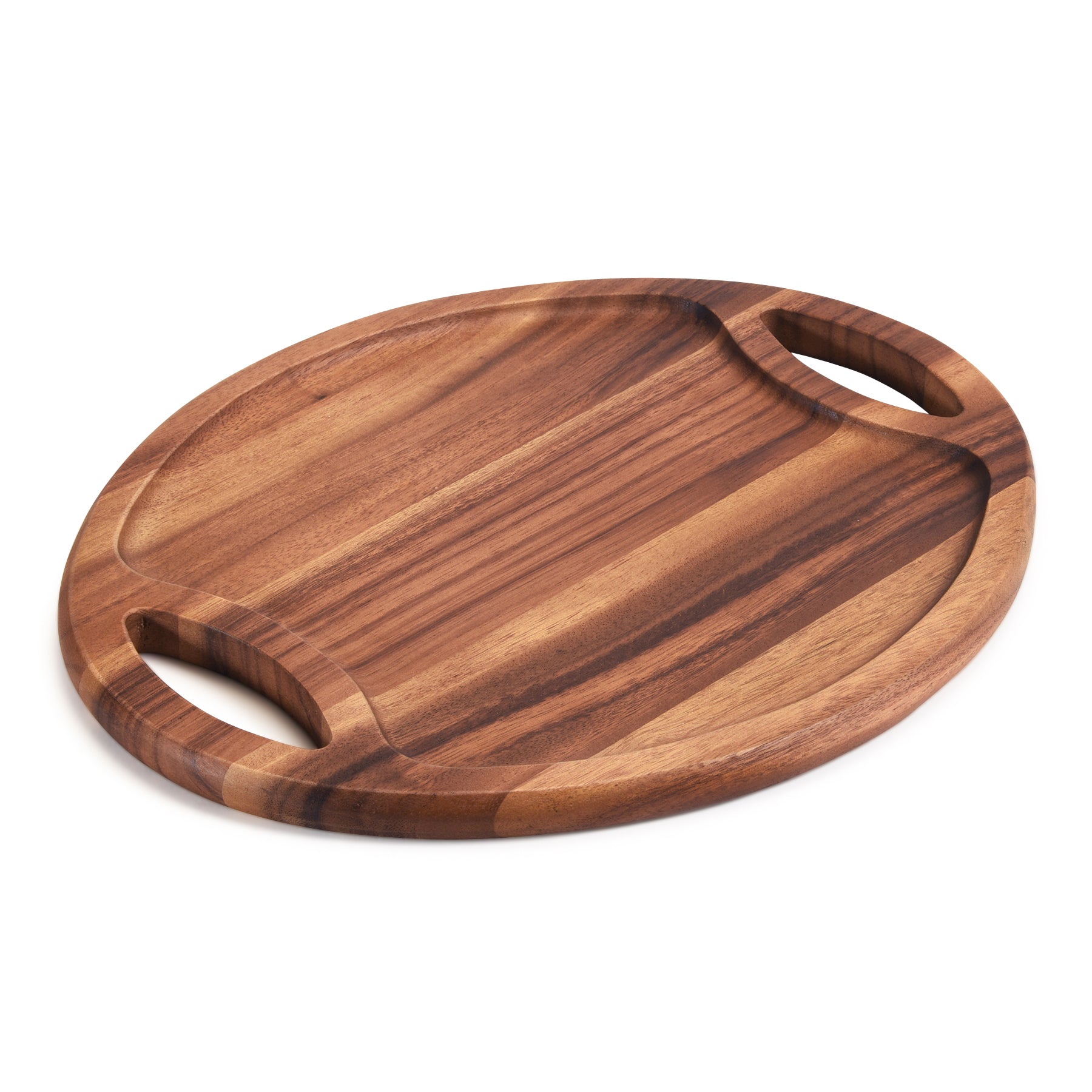 Wooden cutting board with handles on a white background