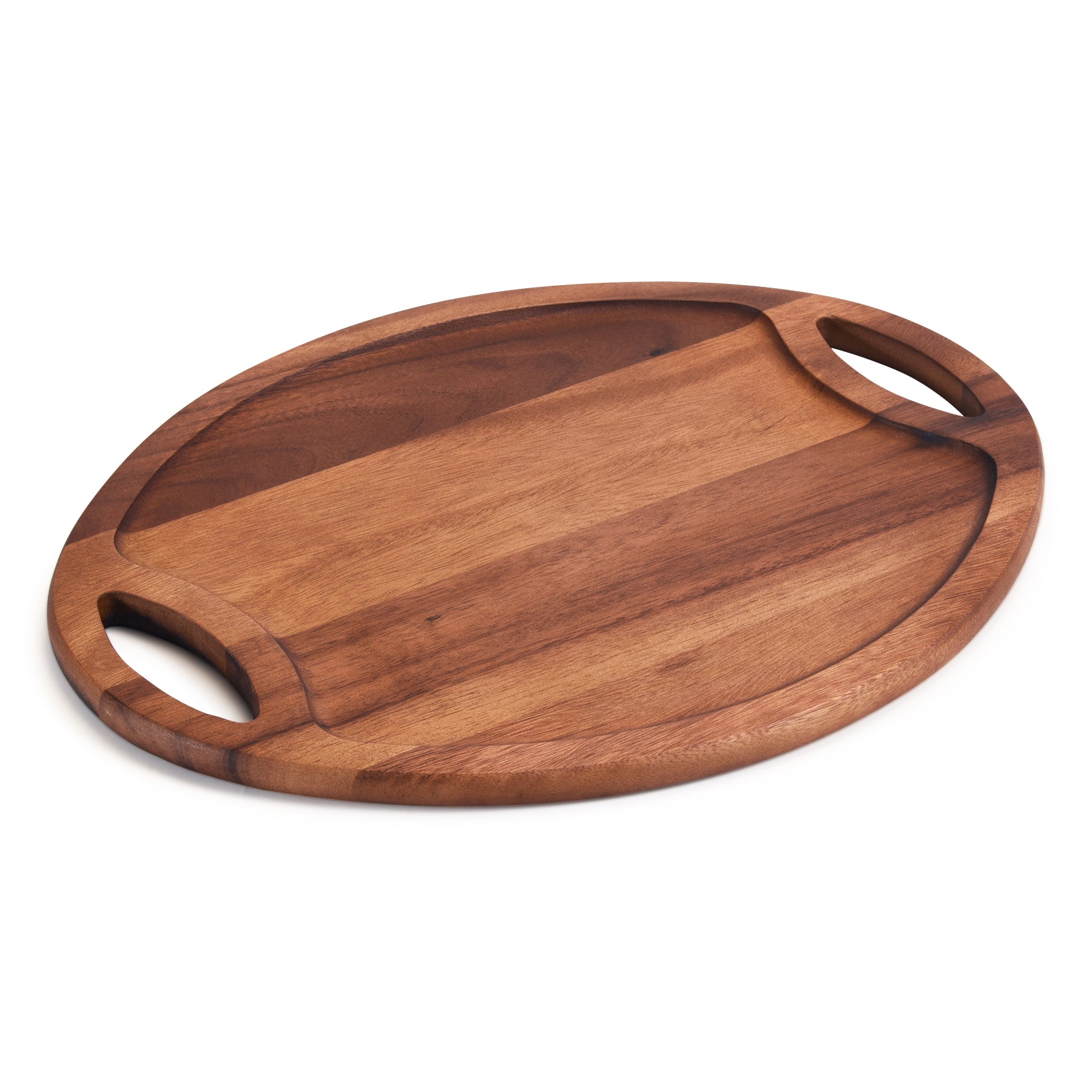 Wooden serving tray with handles on a white background