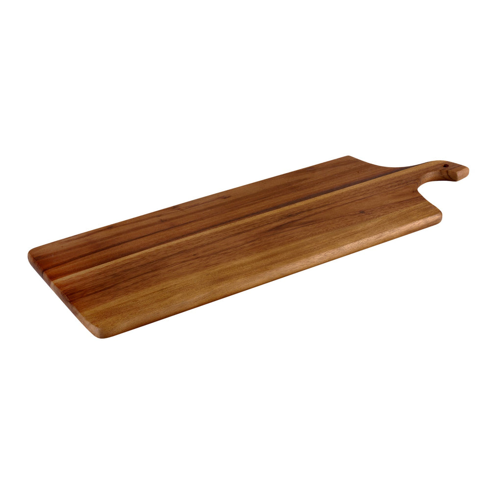 Wooden cutting board with handle on a white background