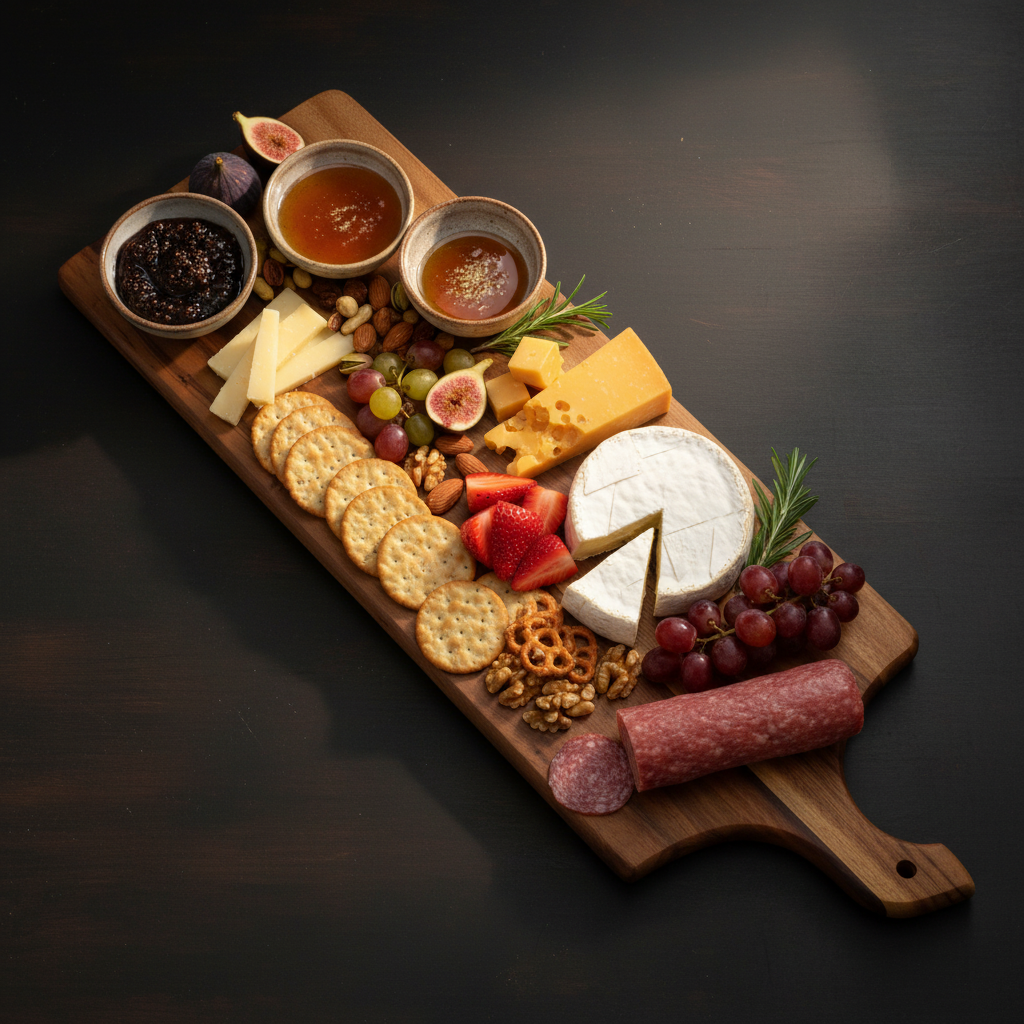 Wooden charcuterie board with various cheeses, fruits, and meats on a dark background