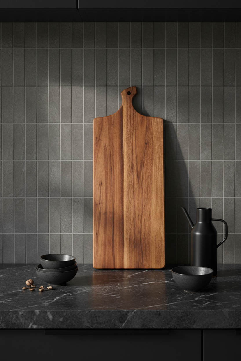 Wooden cutting board on a dark marble countertop with black bowls and a black container against a gray tiled wall.