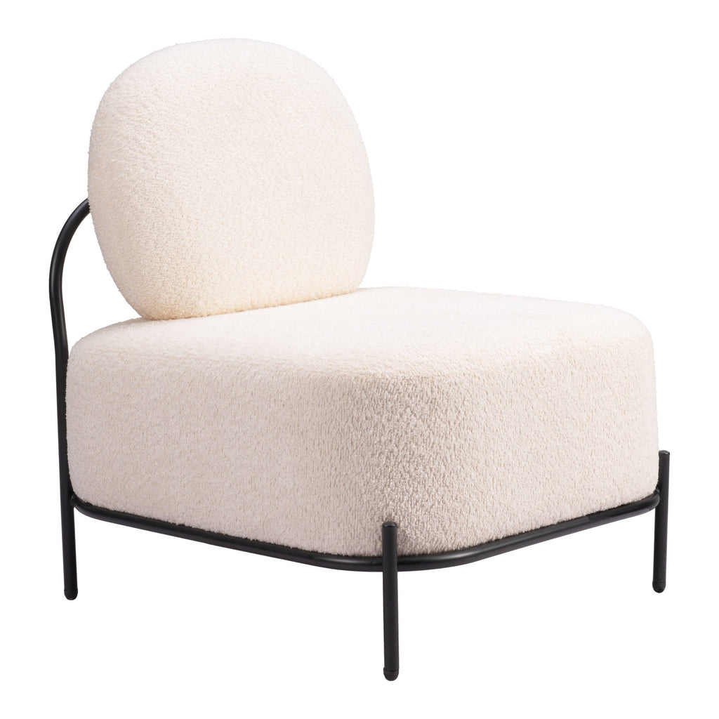 Modern chair with white cushioned seat and backrest on a black metal frame against a white background