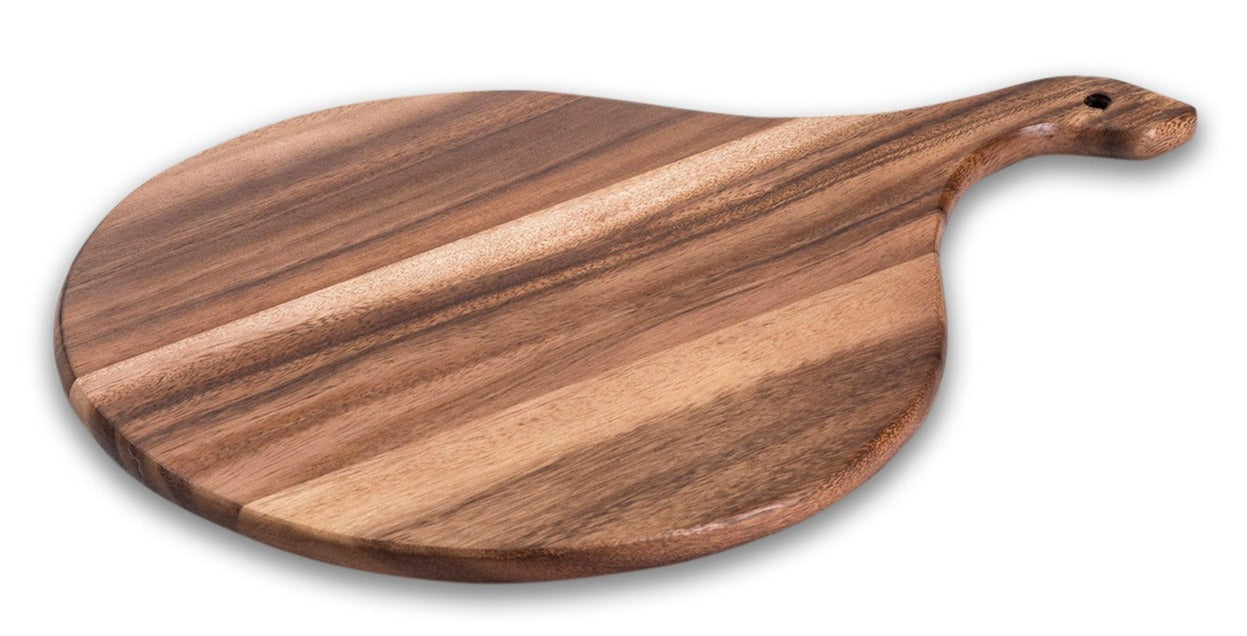 Wooden pizza peel with a handle on a white background
