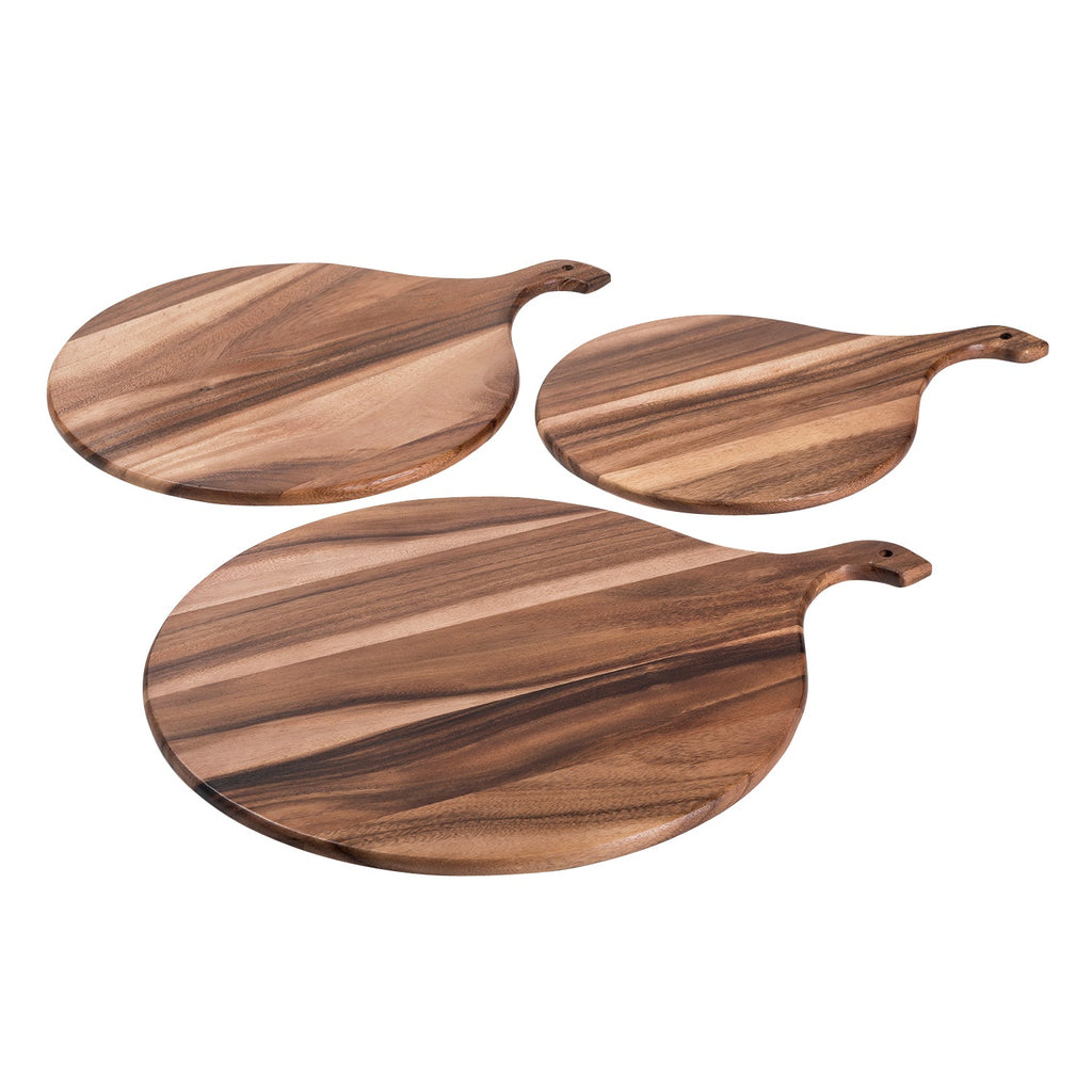 Three wooden pizza peel tools with handles on a white background