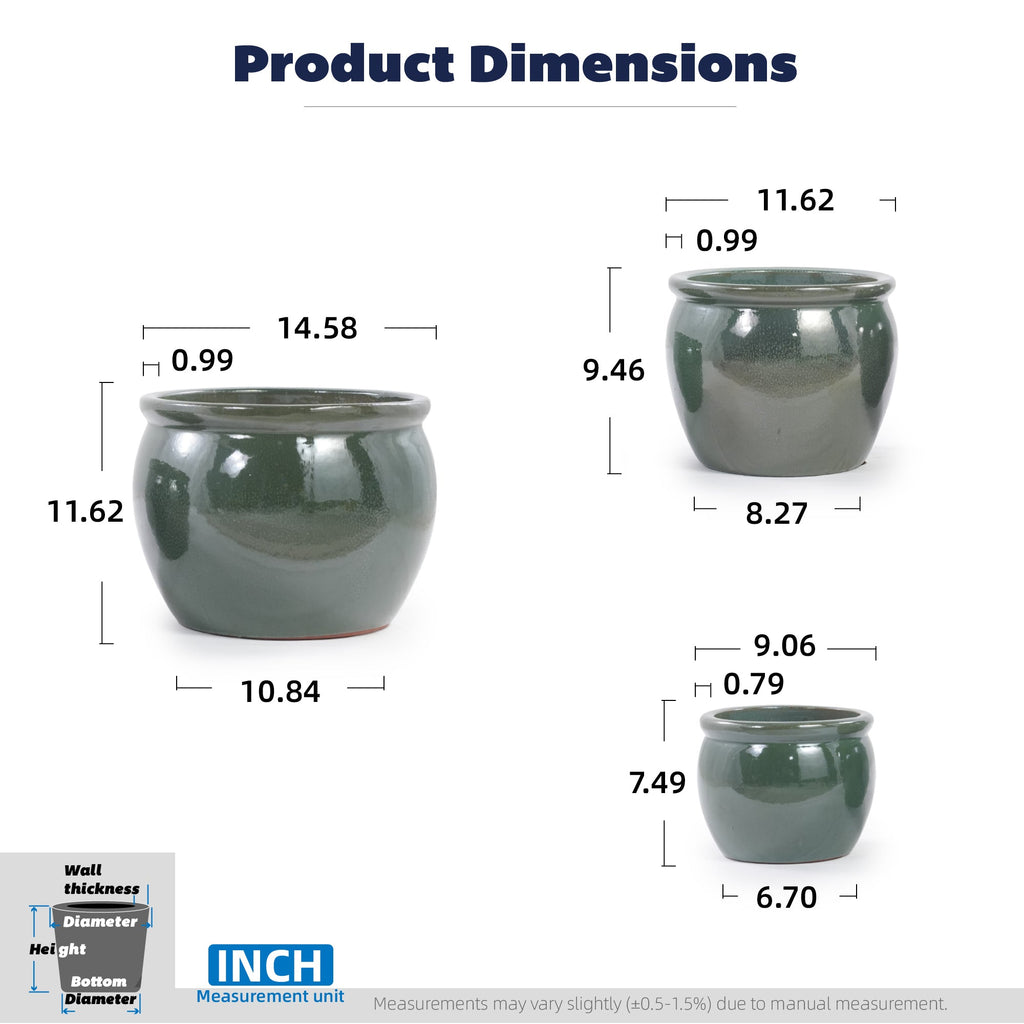 Product dimensions chart showing three sizes of a glossy dark green ceramic planter pot with labeled measurements in inches on a white background.