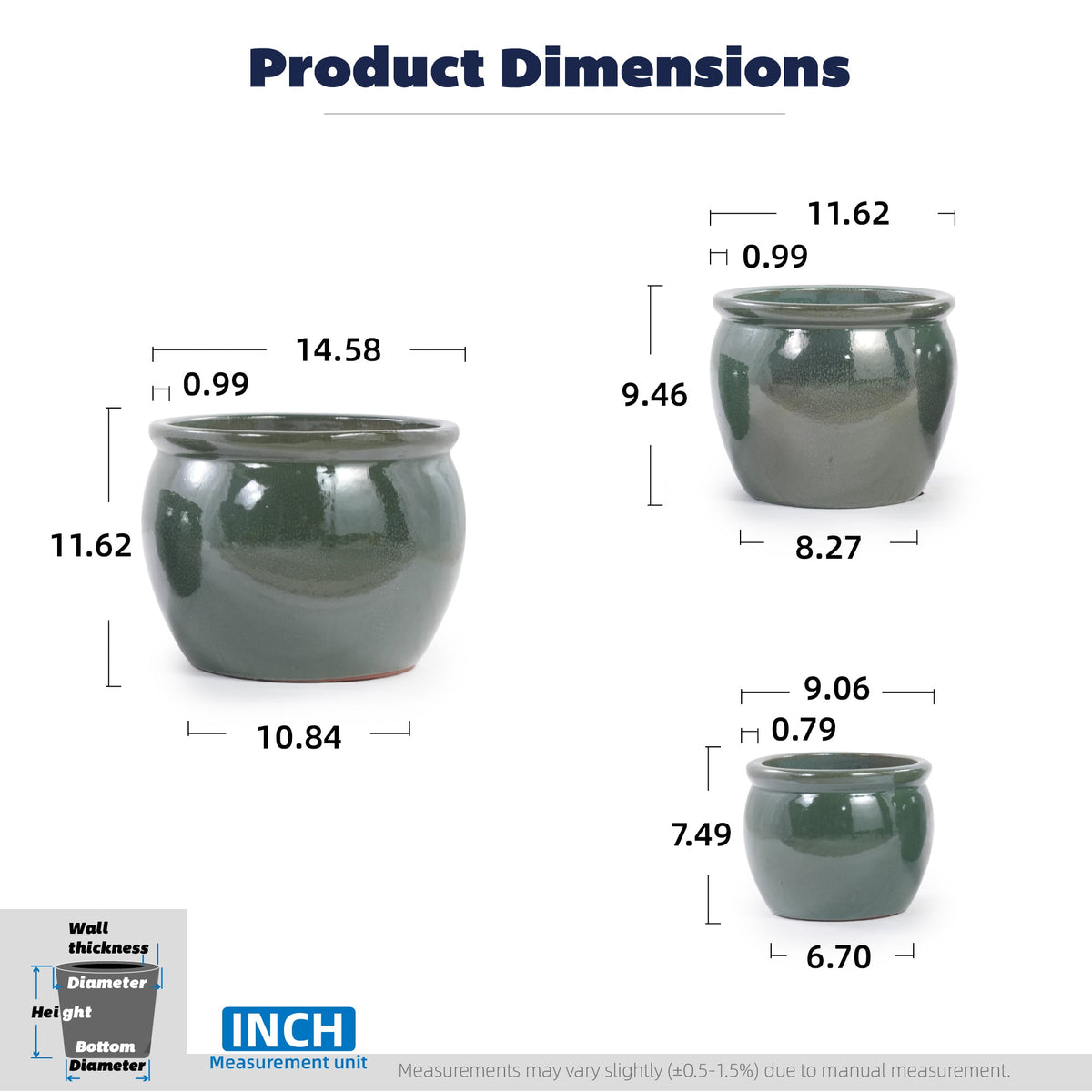 Product dimensions chart showing three sizes of a glossy dark green ceramic planter pot with labeled measurements in inches on a white background.