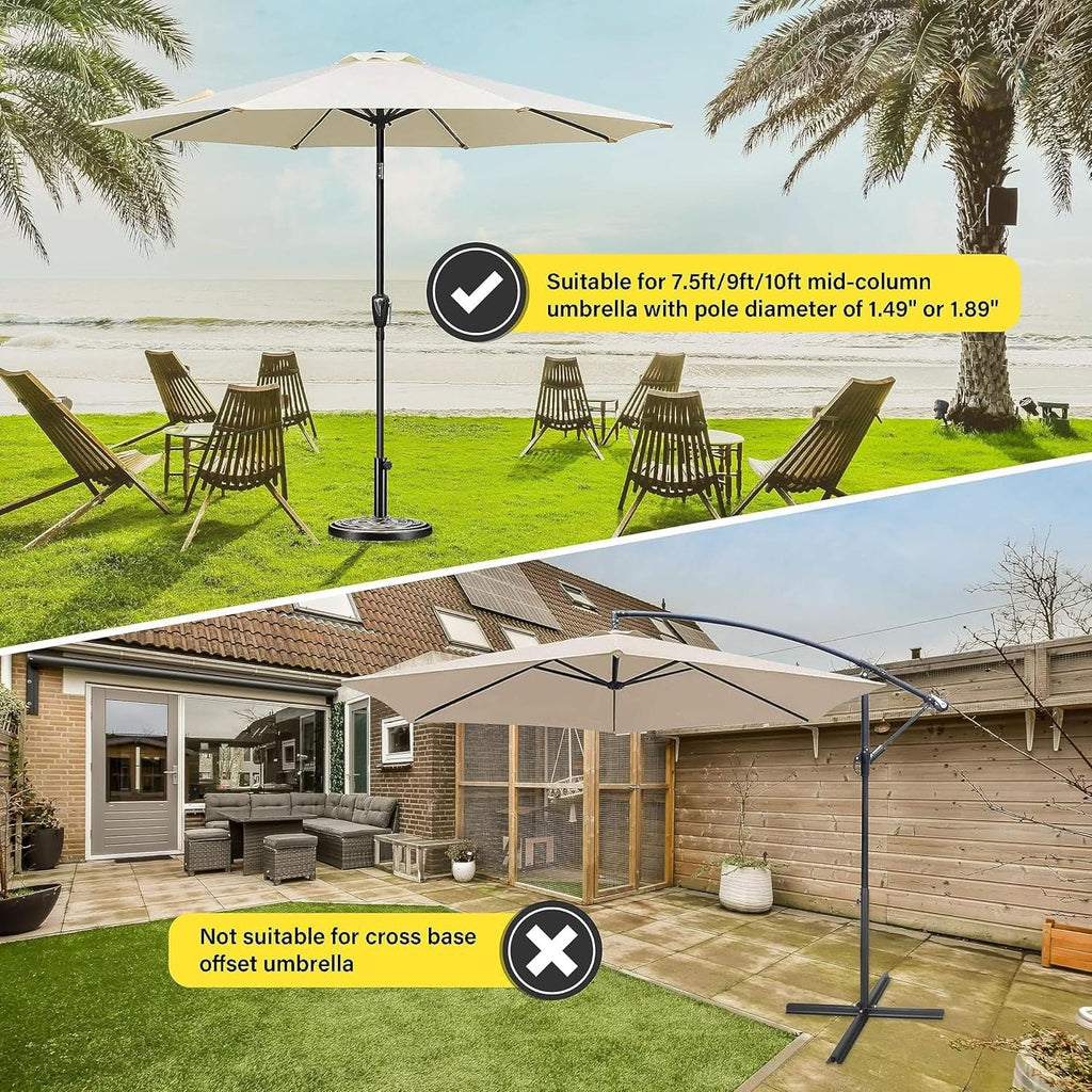 Collage of outdoor patio umbrellas with text indicating suitability for certain types of umbrellas.