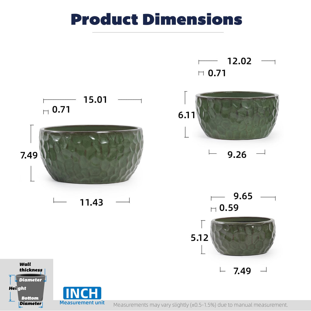 Product dimensions chart showing three sizes of a dark green textured ceramic bowl with labeled measurements in inches on a white background.