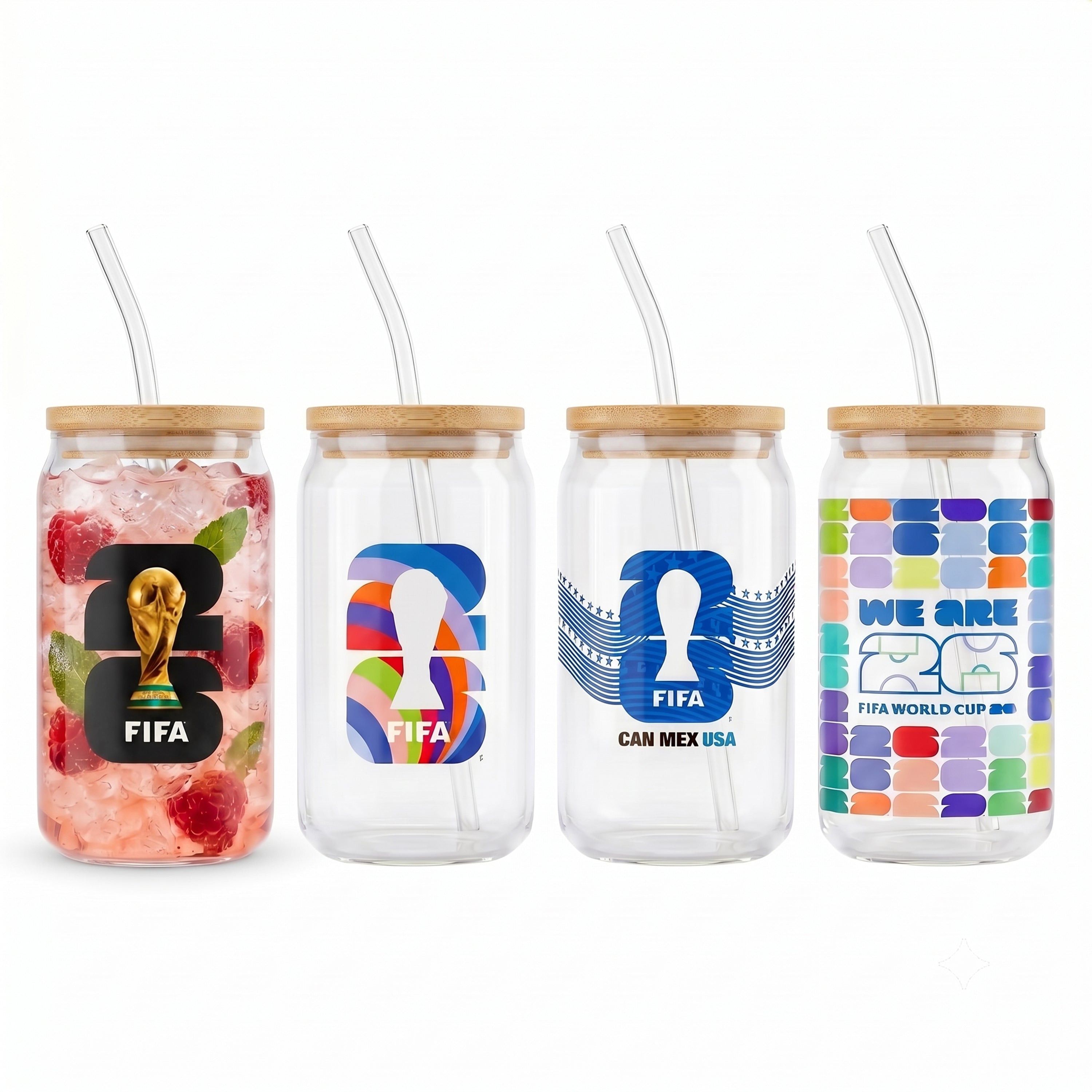 Four glass jars with lids and straws featuring FIFA World Cup branding on a white background.