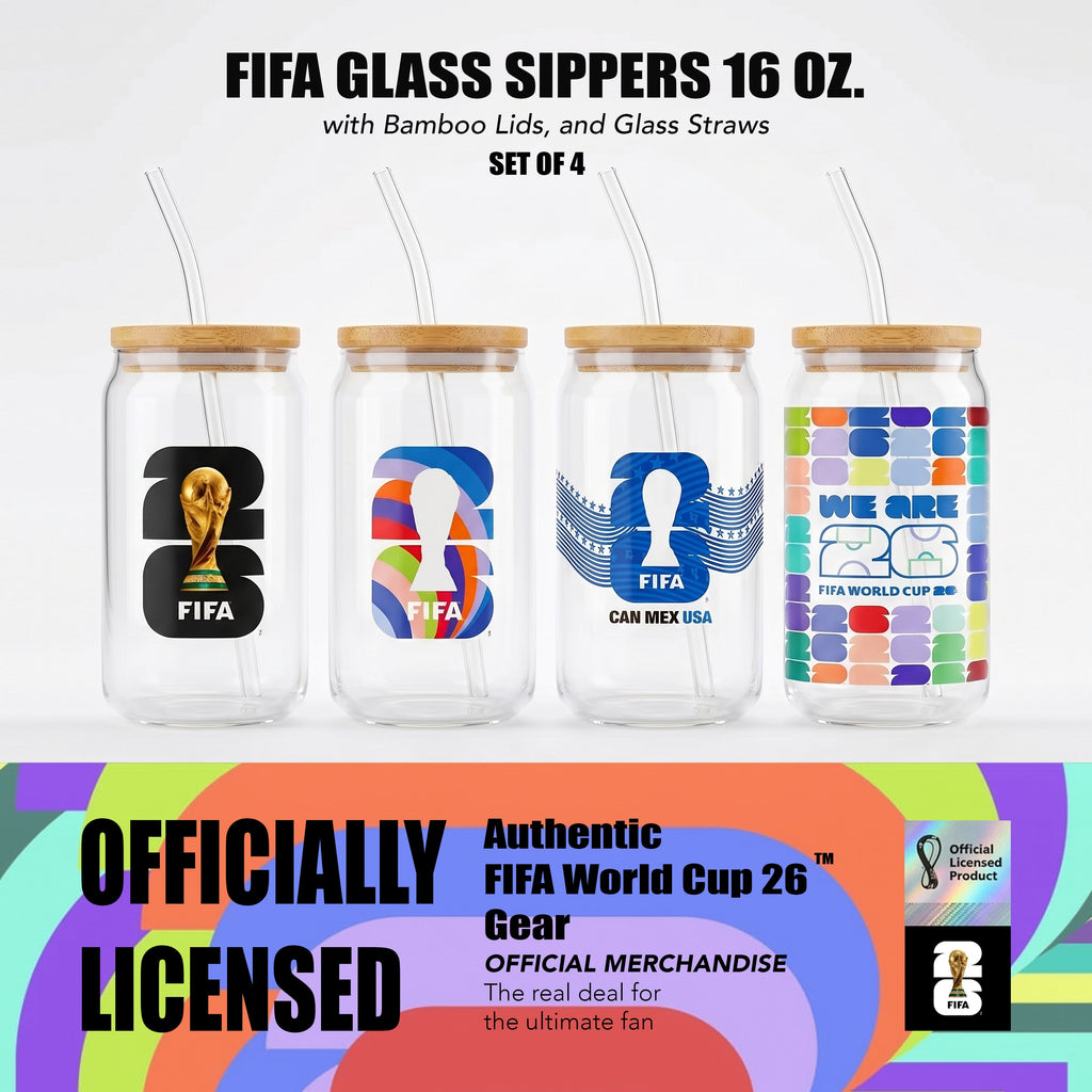 Set of four FIFA-themed glass sippers with bamboo lids and straws on a white background.