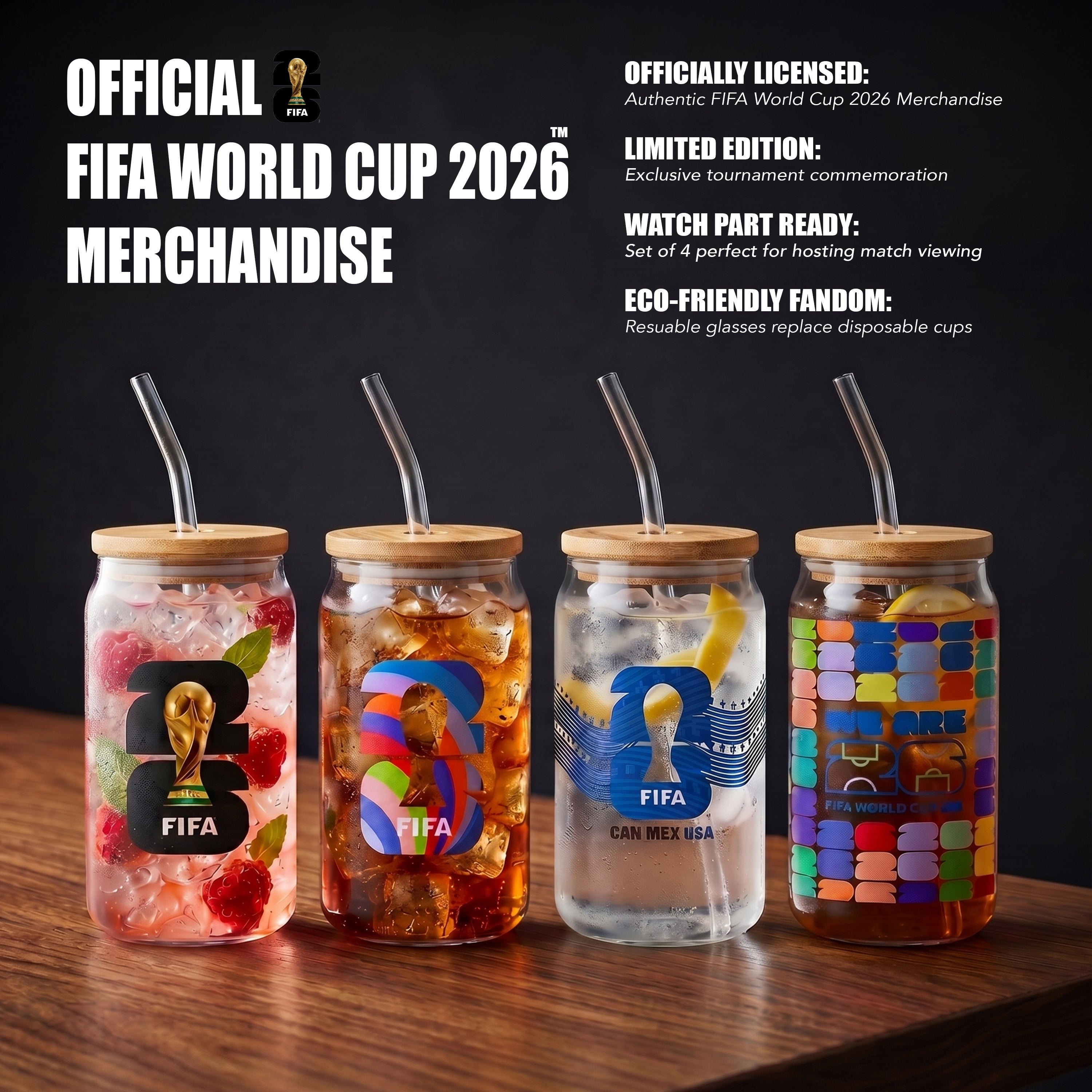 Set of four FIFA World Cup 2026-themed glass jars with lids and straws on a wooden surface.
