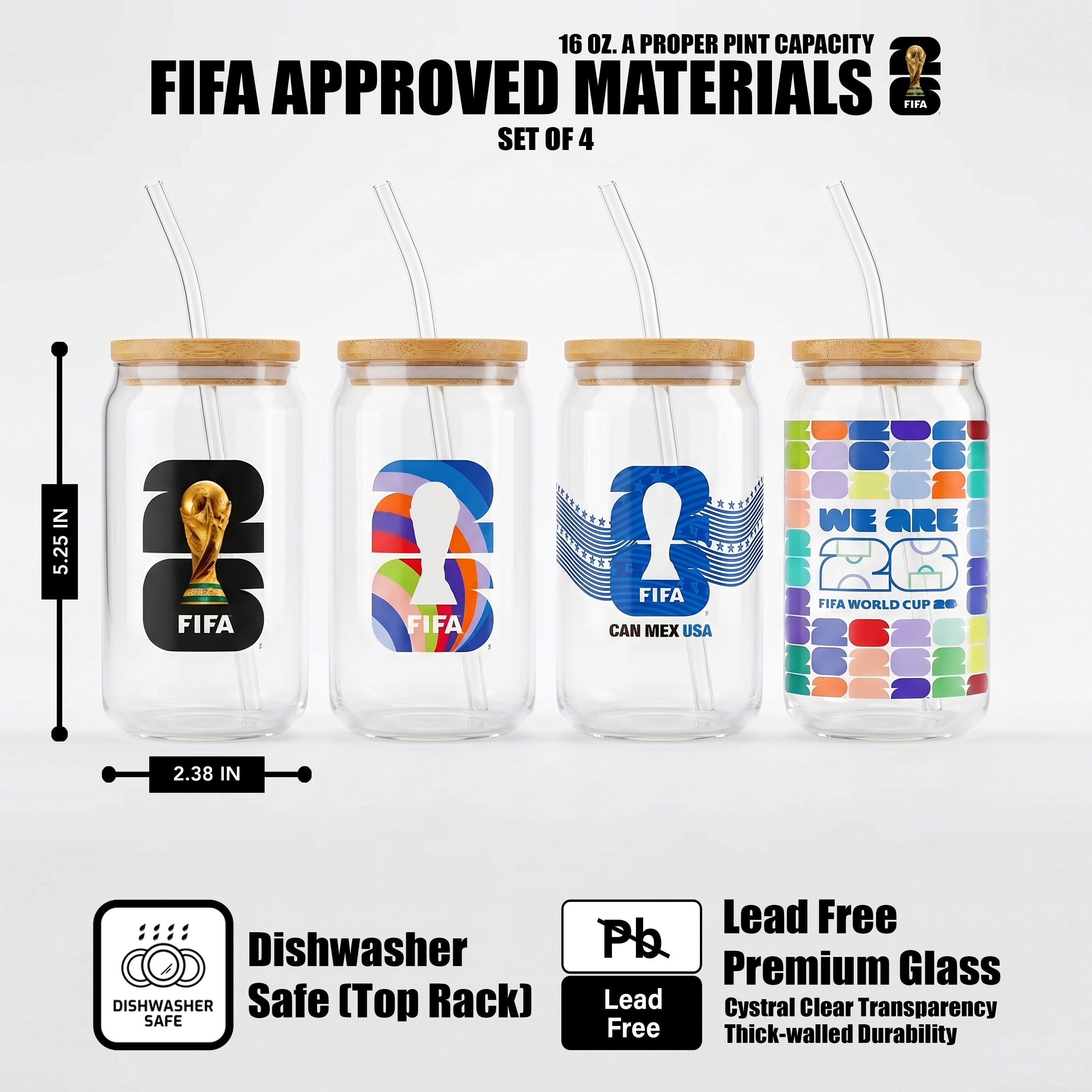 Four FIFA-themed glass jars with straws and wooden lids on a white background.