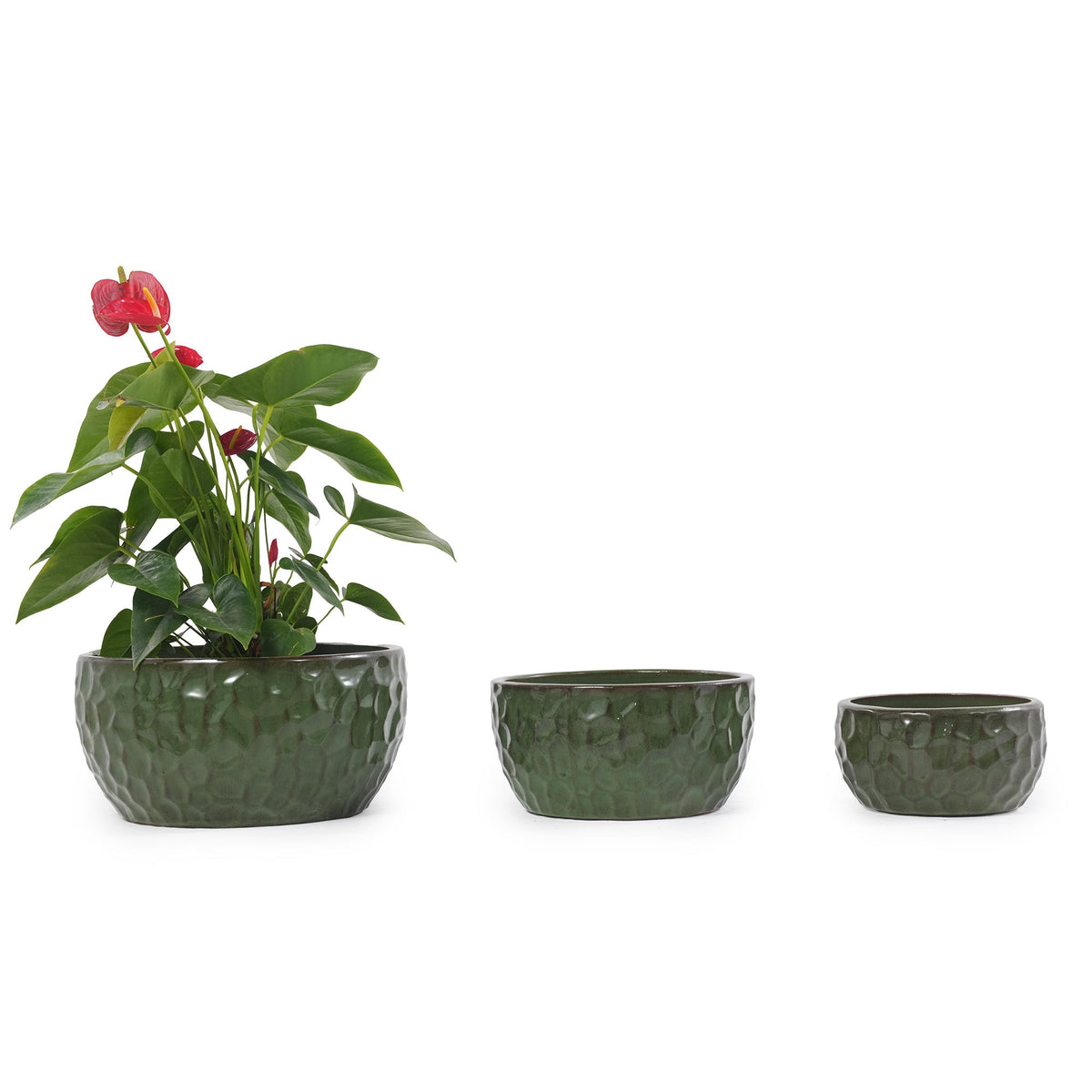 Three dark green textured ceramic planters in a graduated size set, with the largest pot on the left shown containing a green leafy plant with red flowers, against a plain white background.