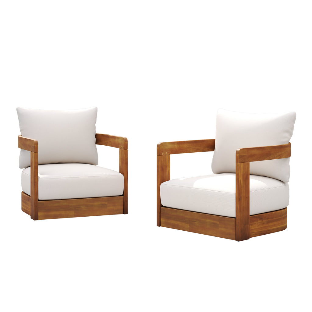 Pair of wooden armchairs with white cushions on a white background