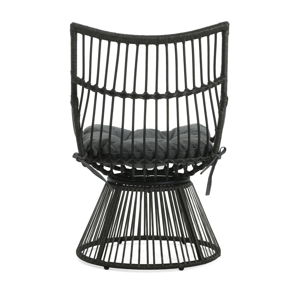 Black woven chair with a cushion on a white background