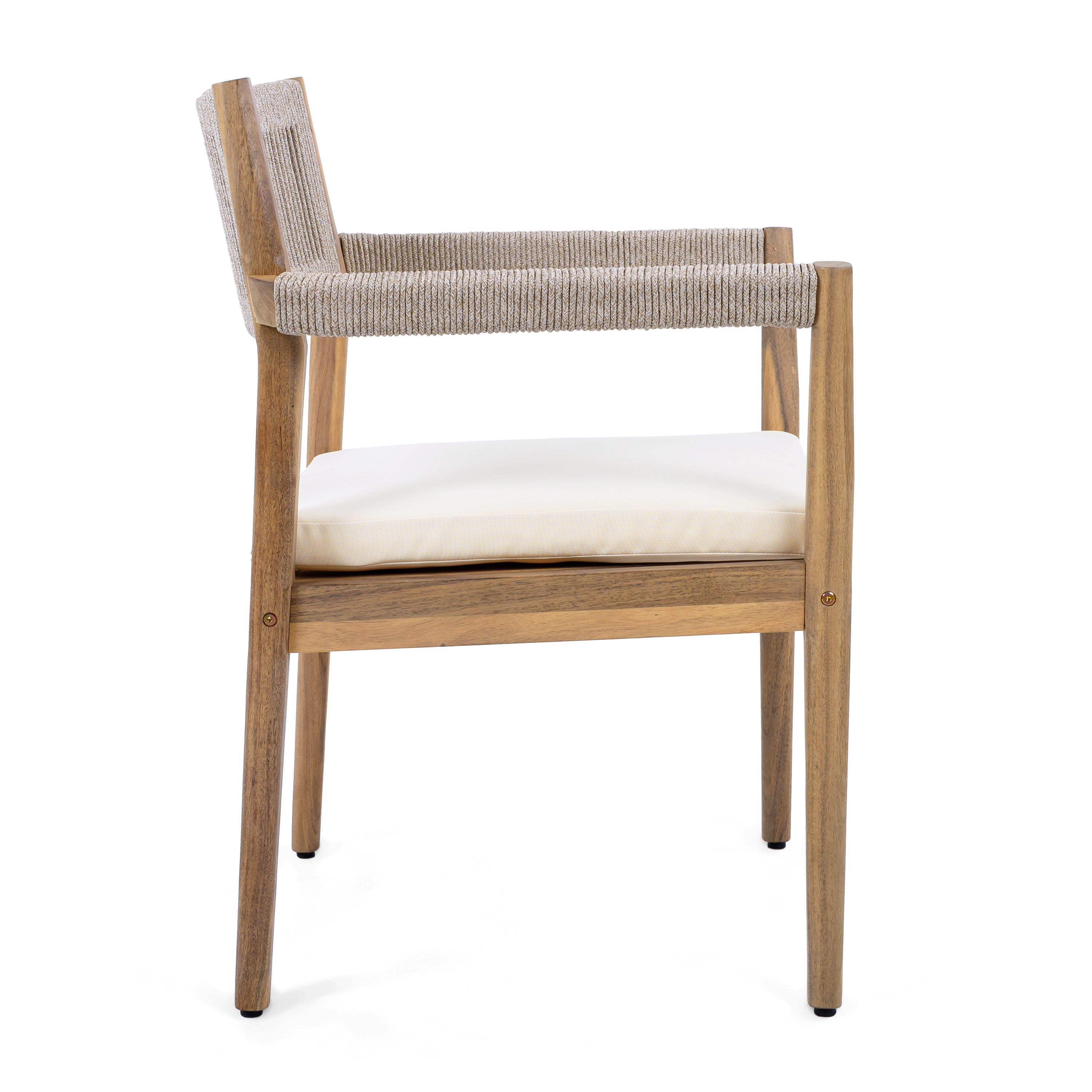 Wooden chair with woven backrest and white cushion on a white background