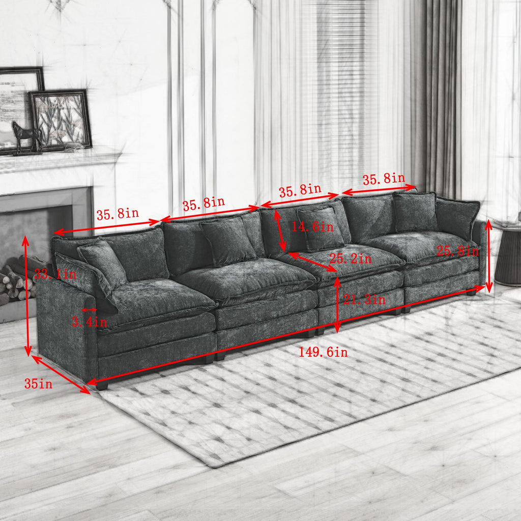 Grayscale sectional sofa with dimensions marked on a white background