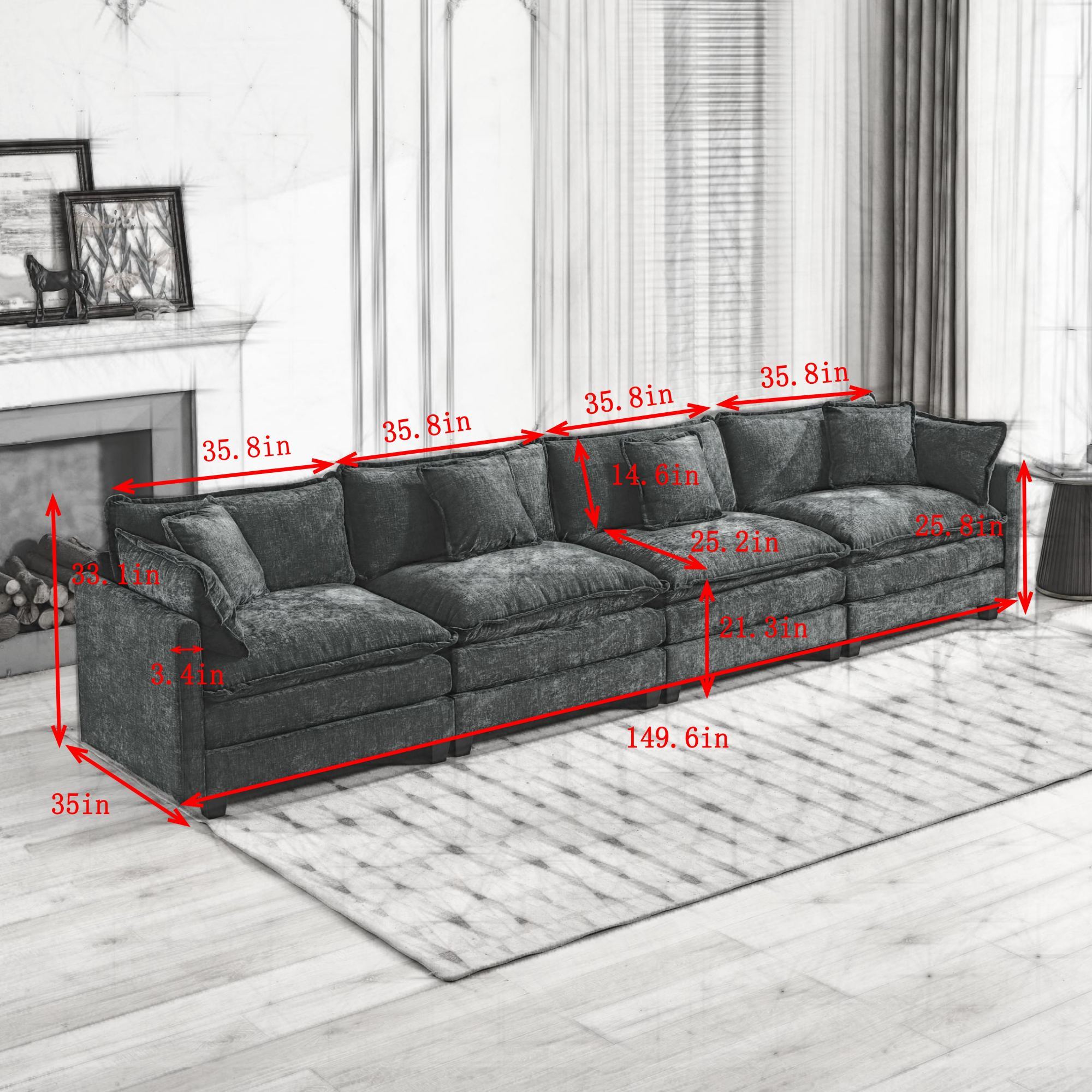 Grayscale sectional sofa with dimensions marked on a white background