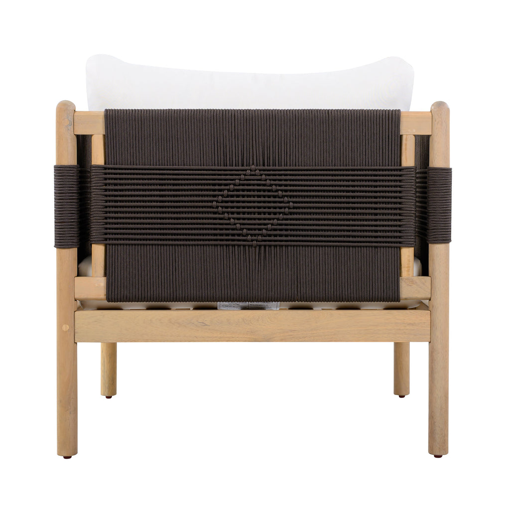 Chair with wooden frame and dark woven backrest on a white background