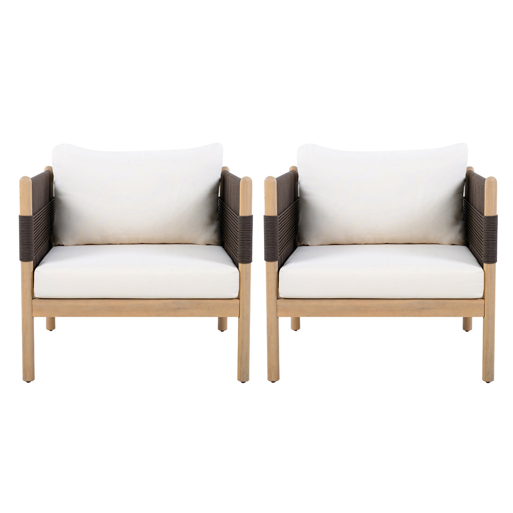 Two modern outdoor chairs with white cushions and brown woven frames on a white background