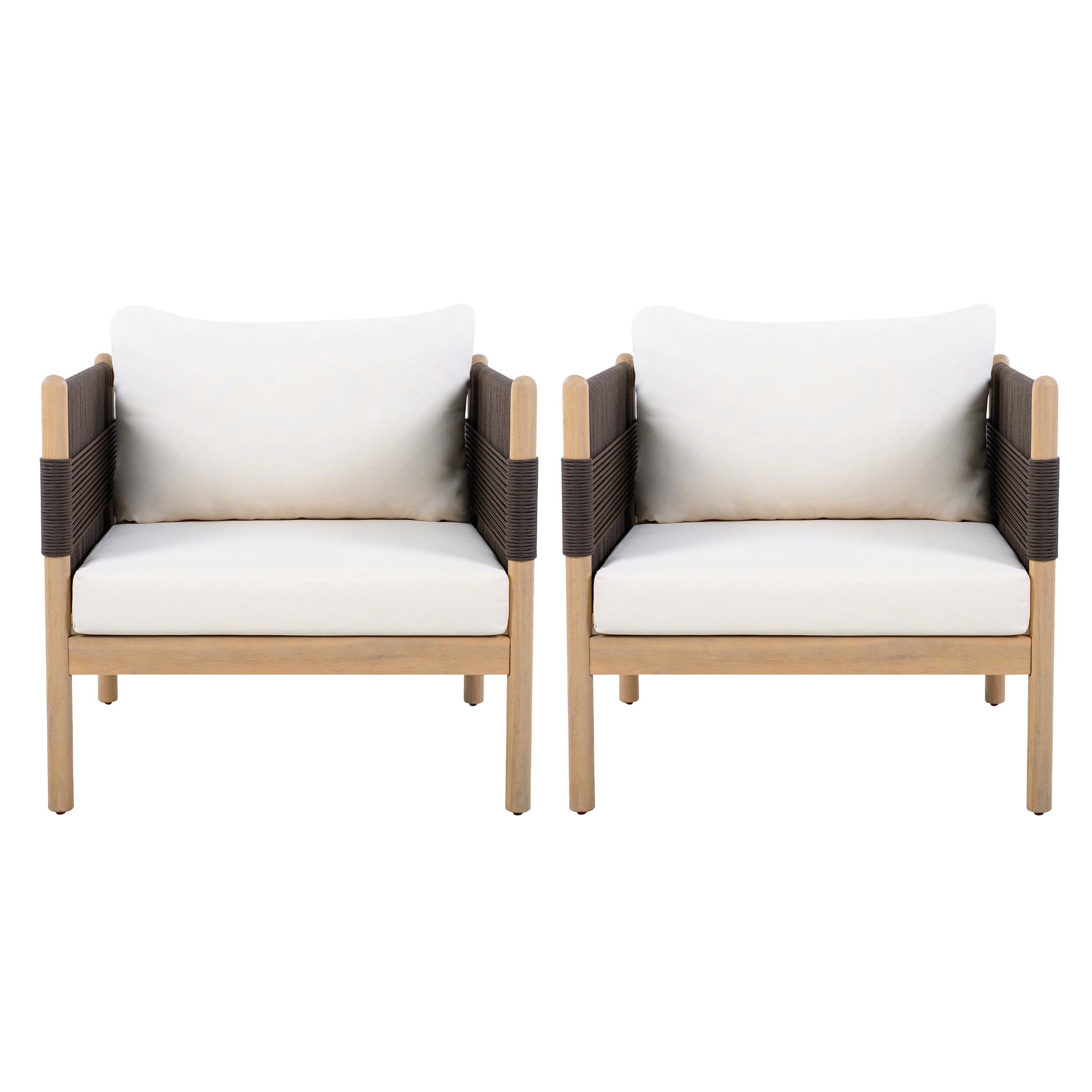 Two modern outdoor chairs with white cushions and brown woven frames on a white background