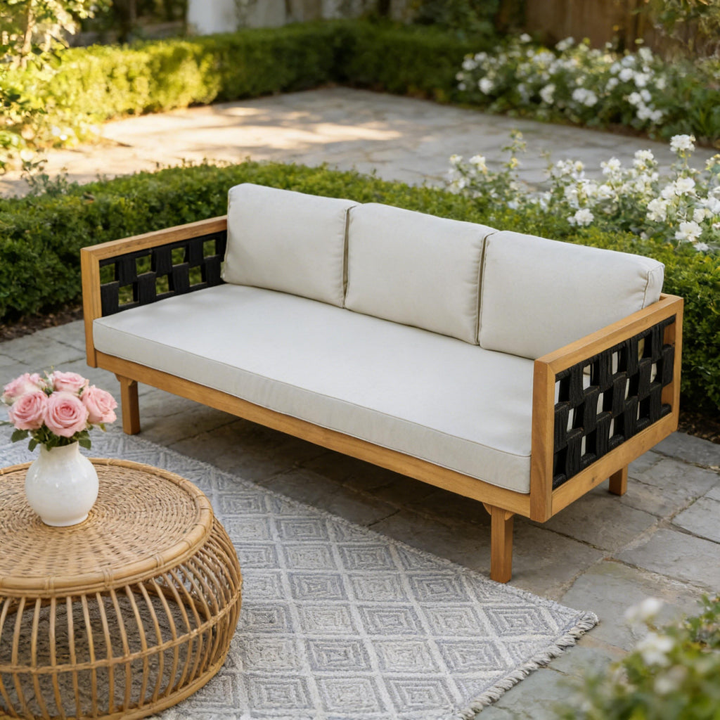 Wooden outdoor sofa with white cushions on a patio with a small table and flowers.