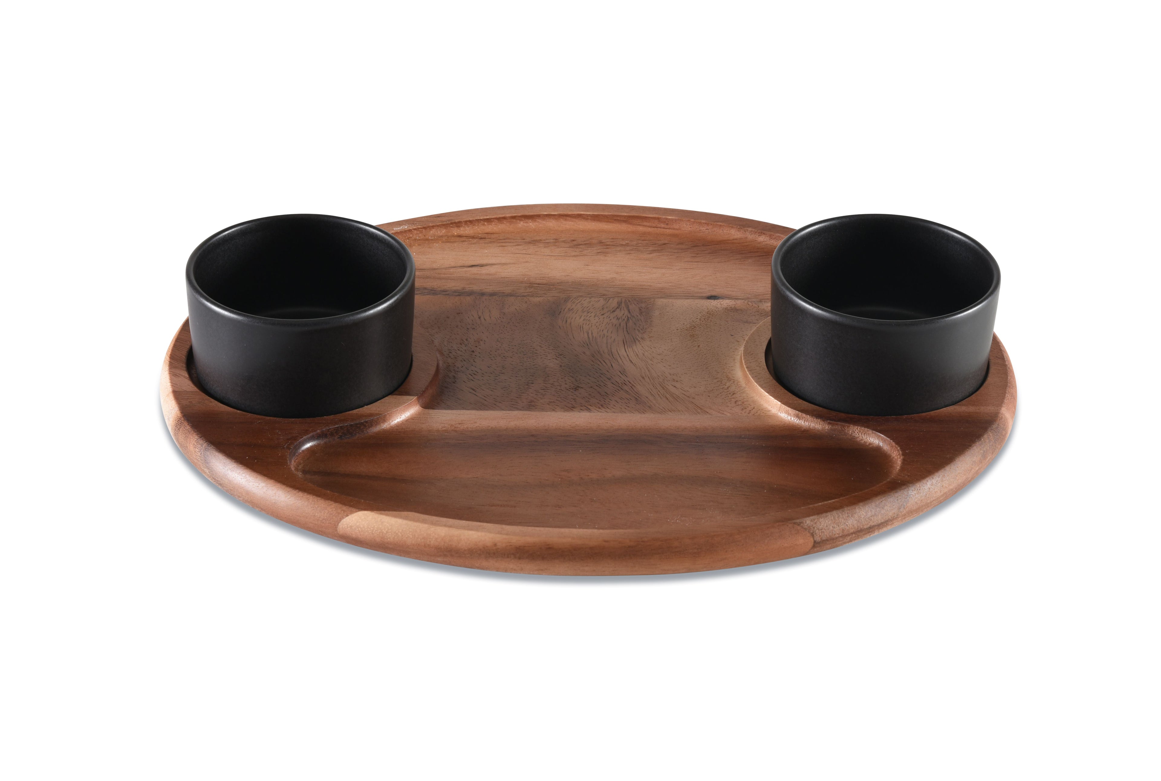 Wooden tray with two black ceramic bowls on a white background