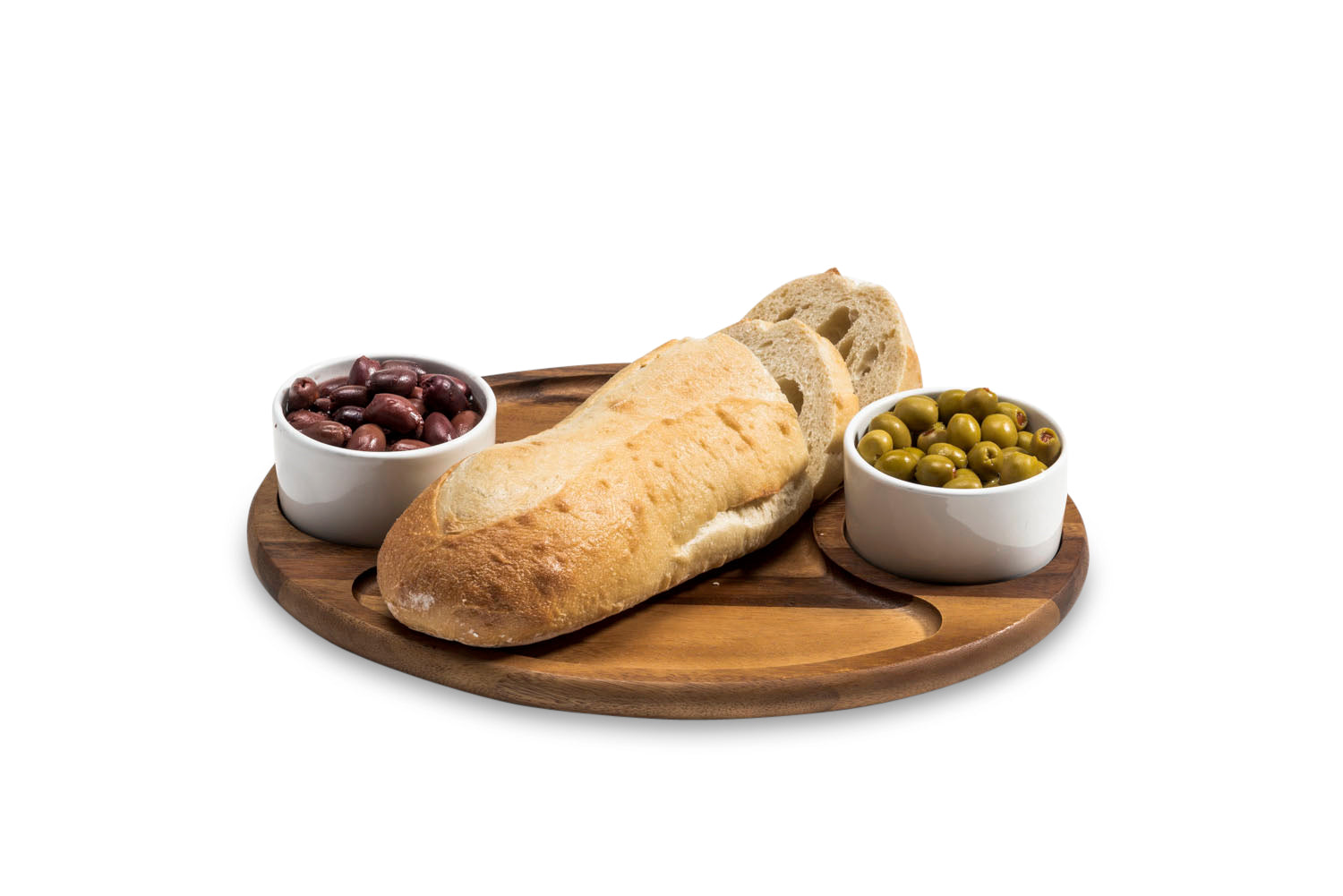 Wooden tray with a loaf of bread and two bowls of olives on a white background