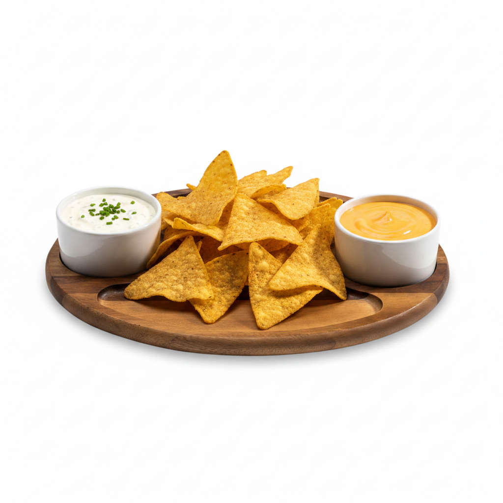 Wooden platter with tortilla chips and two dips on a white background