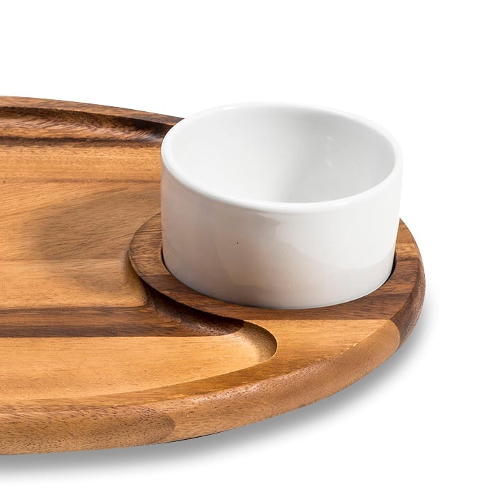 Wooden tray with a white bowl on a white background
