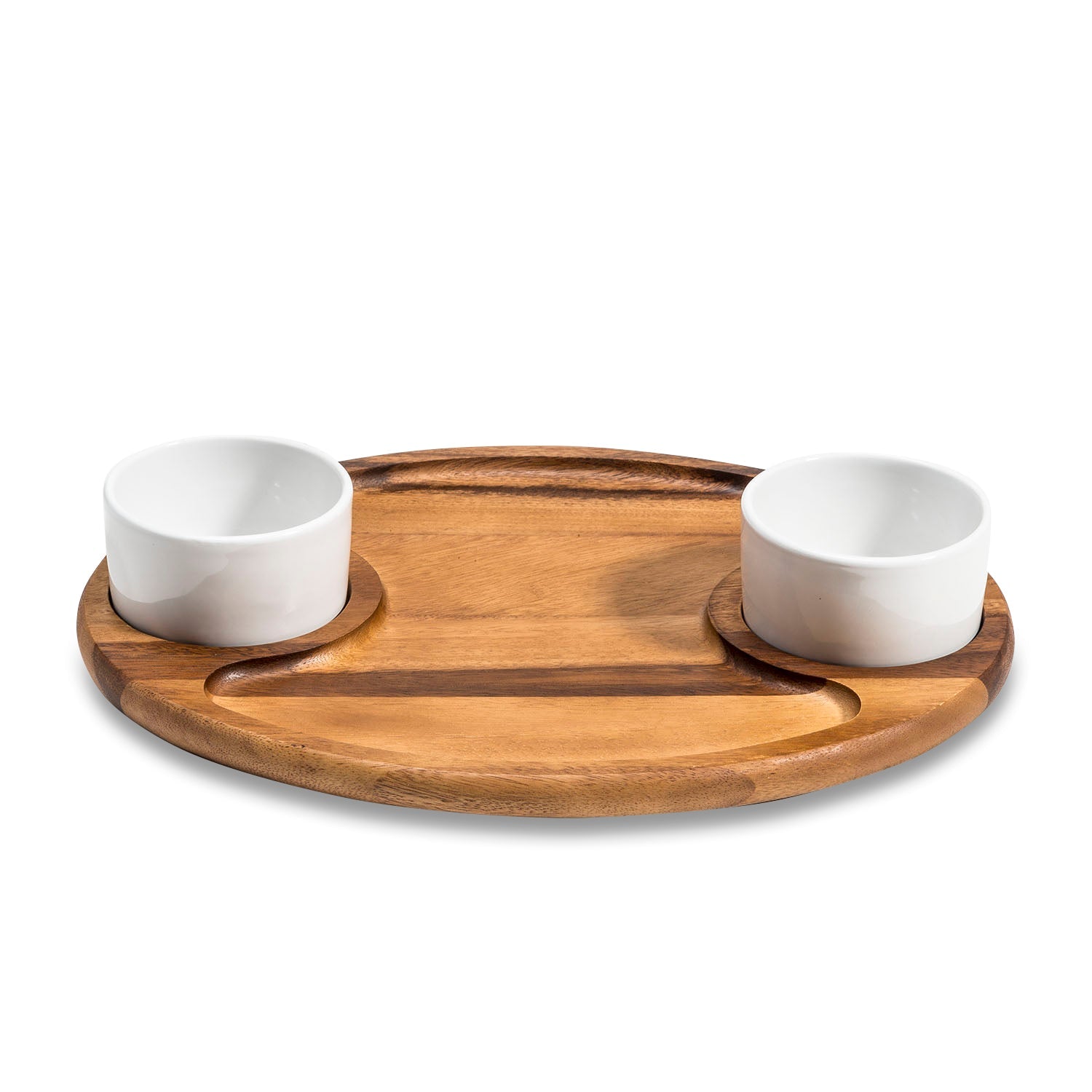 Wooden tray with two white bowls on a white background