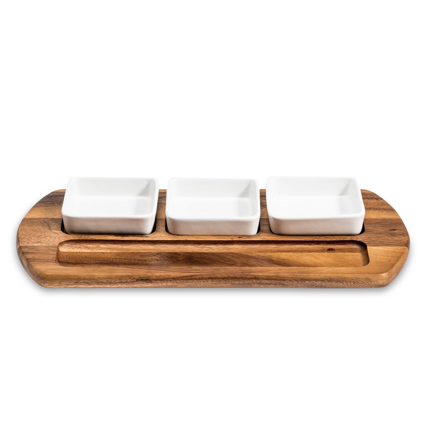 Wooden tray with three white square bowls on a white background