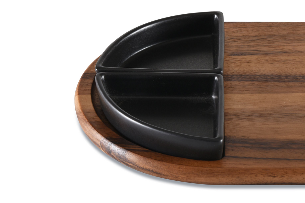 Acacia Wood Charcuterie Board with 2 Triangular Ceramic Dishes