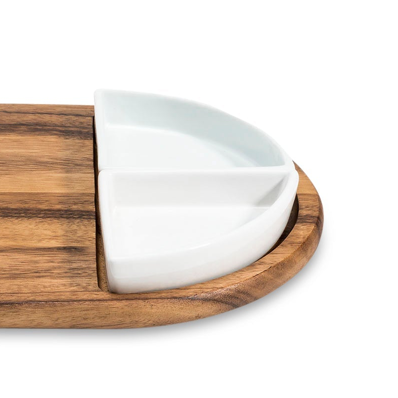 Acacia Wood Charcuterie Board with 2 Triangular Ceramic Dishes
