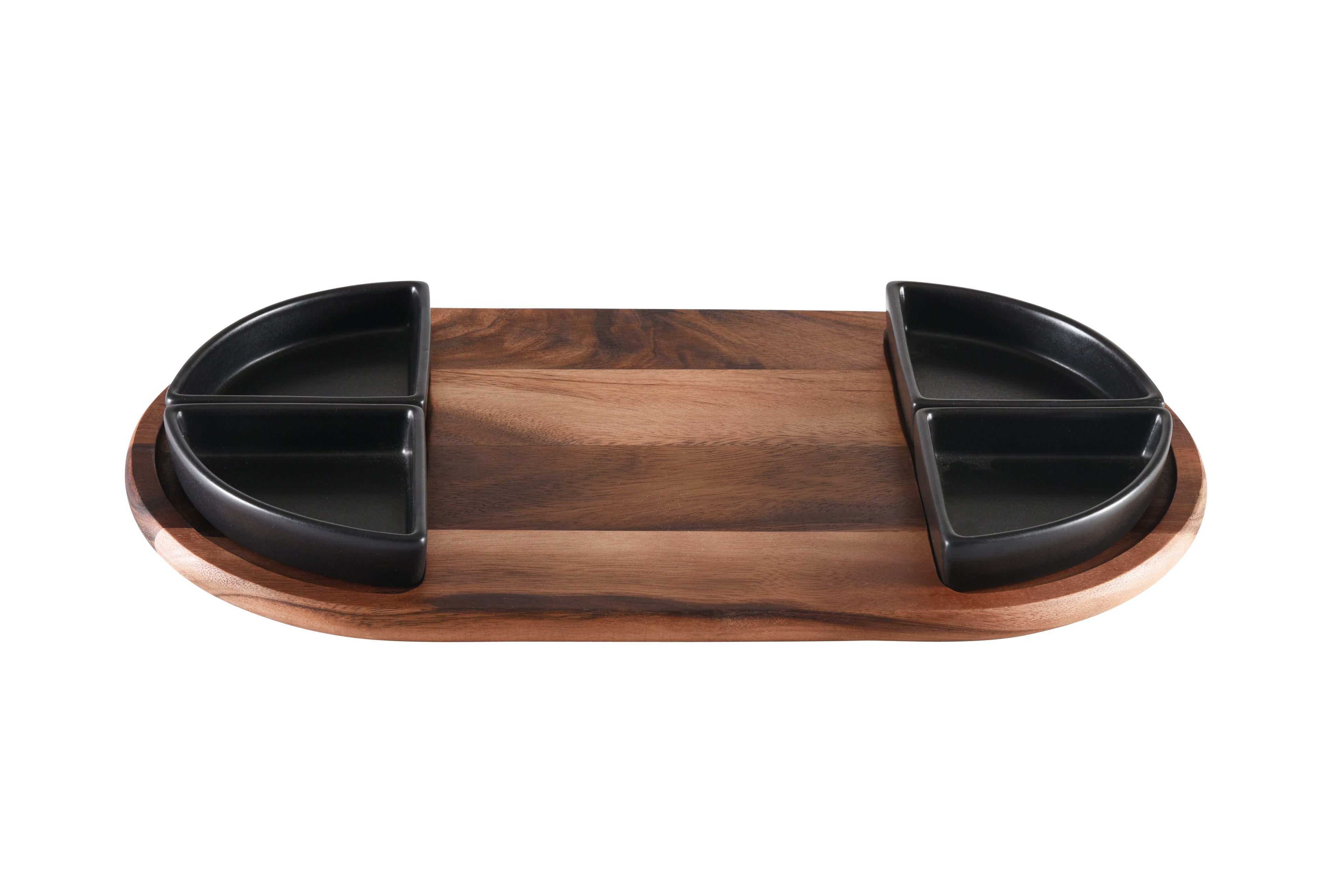 Wooden platter with black divided sections on a white background