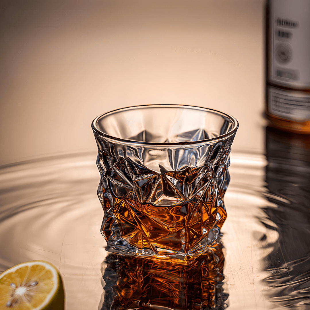 Glass of whiskey with a lemon wedge on a reflective surface, with a bottle in the background.