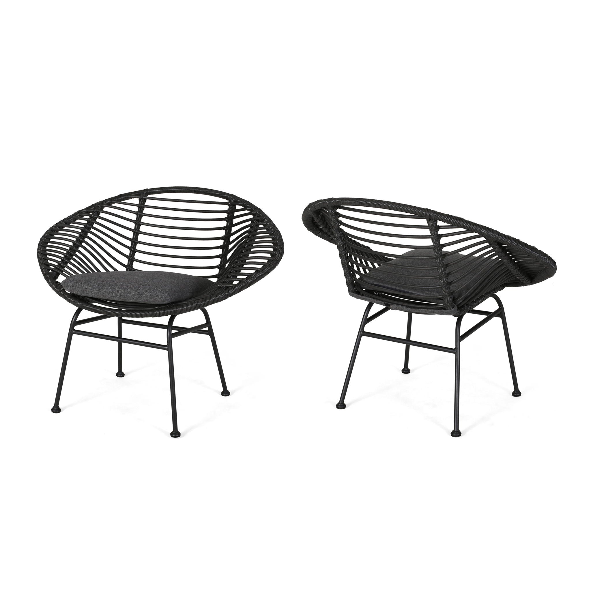 Two black woven chairs on a white background