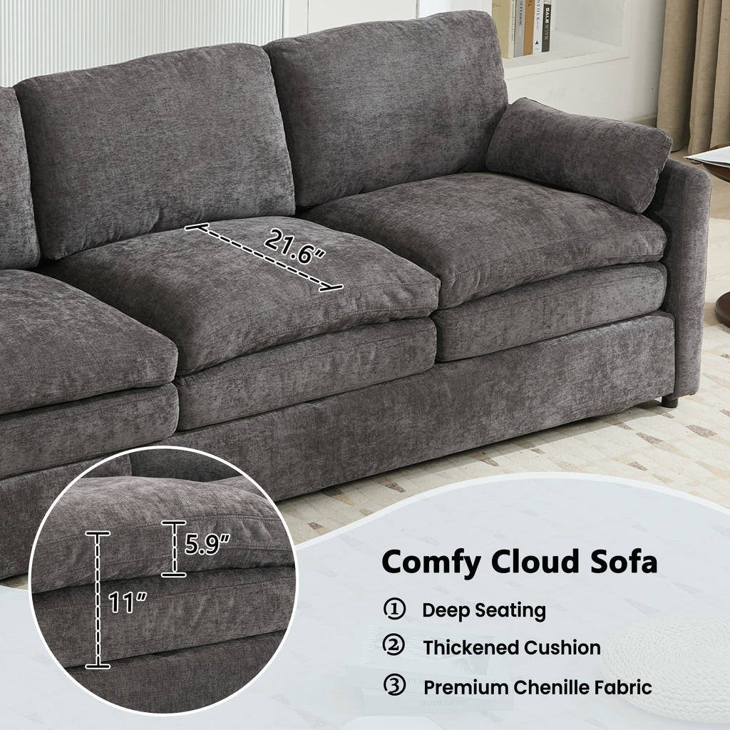 Gray sofa with measurements and text highlighting features in a room setting.