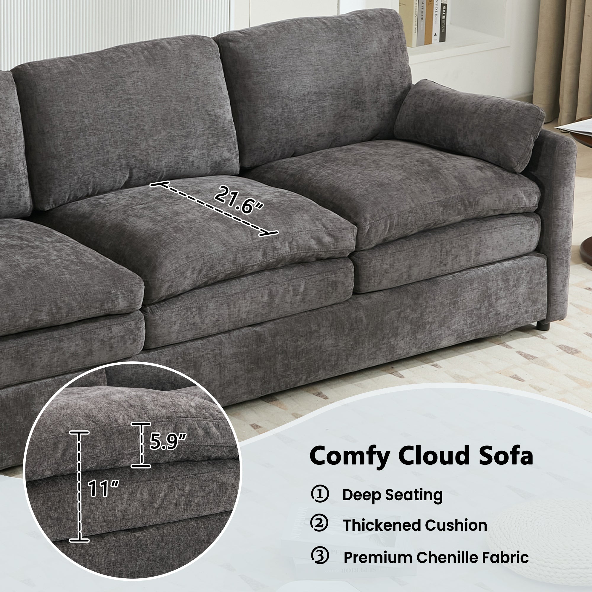 Gray sofa with measurements and text highlighting features in a room setting.