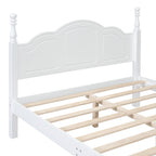 White wooden bed frame with slats on a white background